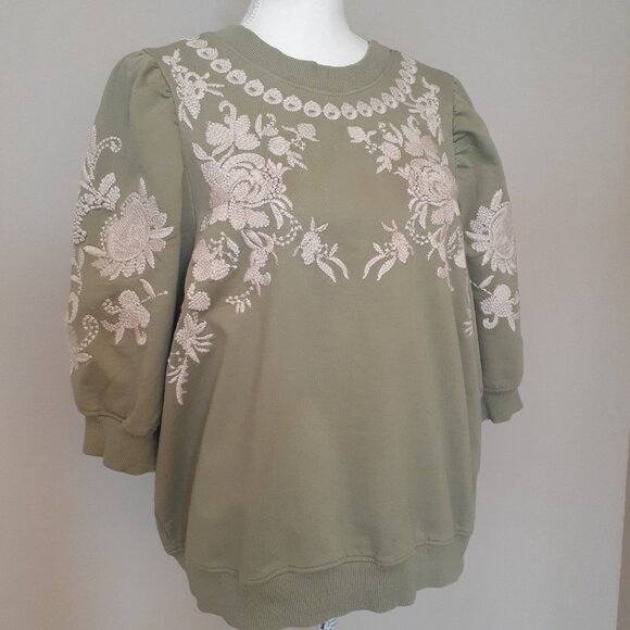 Anthropologie Embroidered Short Sleeve Sweatshirt - Picture 2 of 13